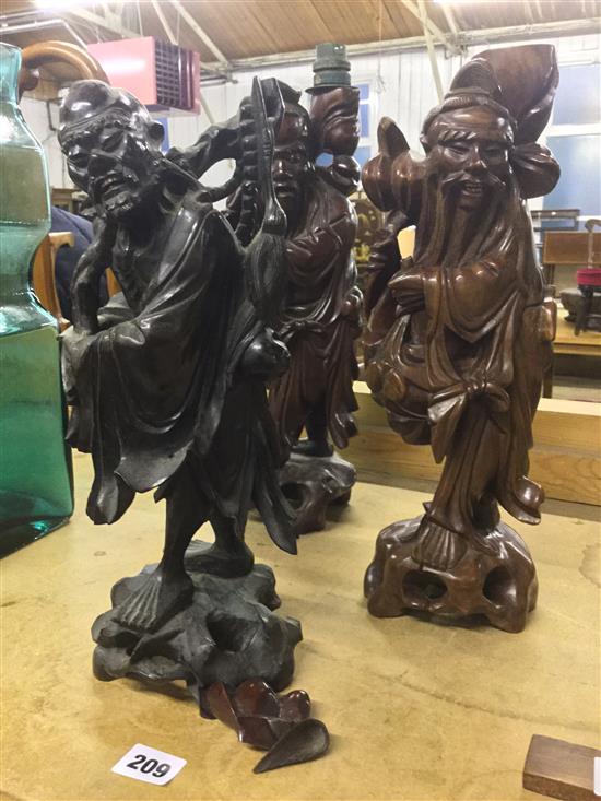 Three Chinese wood figures